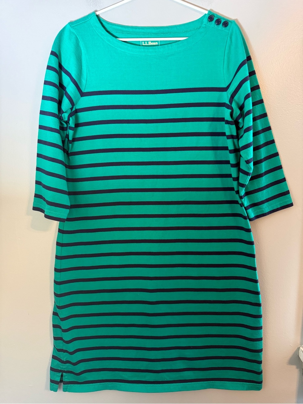 L.L Bean Green & Navy Nautical Stripe Sailor Dress Boat Neck 3/4 Sleeve Size M
